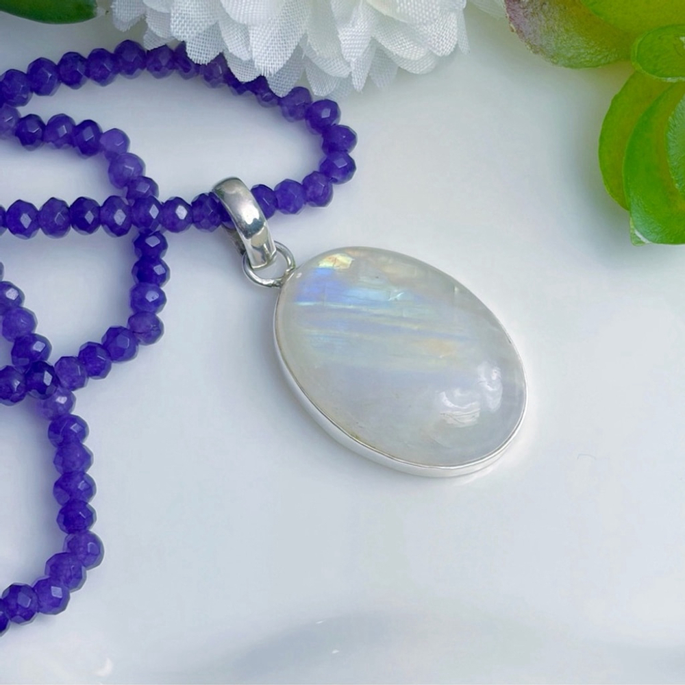 Rainbow Moonstone Pendant Necklace Pure Sterling Silver 925 Boho Southwest - Picture 4 of 10